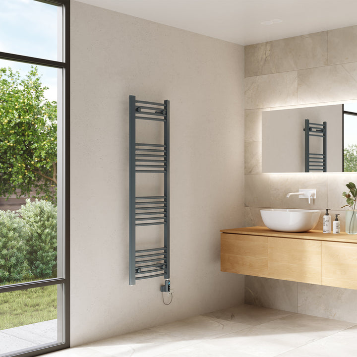 Zennor - Anthracite Electric Towel Rail H1400mm x W400mm Curved 400w Thermostatic WIFI