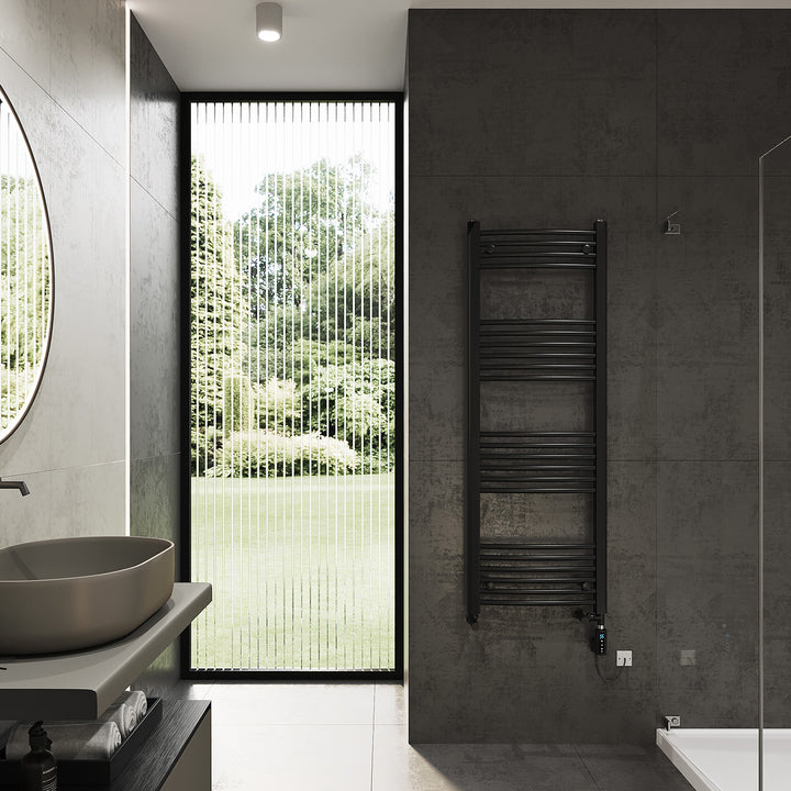 Zennor - Black Dual Fuel Towel Rail H1400mm x W500mm Thermostatic WIFI - Curved