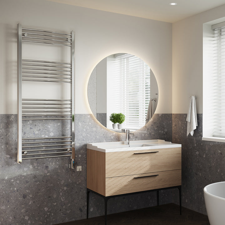 Zennor - Chrome Electric Towel Rail H1400mm x W600mm Curved 400w Thermostatic WIFI