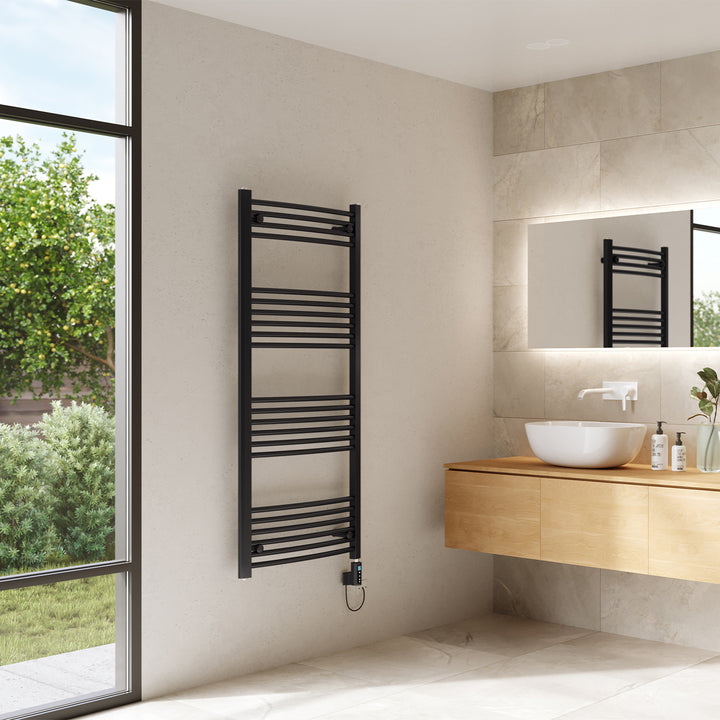Zennor - Black Electric Towel Rail H1400mm x W600mm Curved 700w Thermostatic WIFI