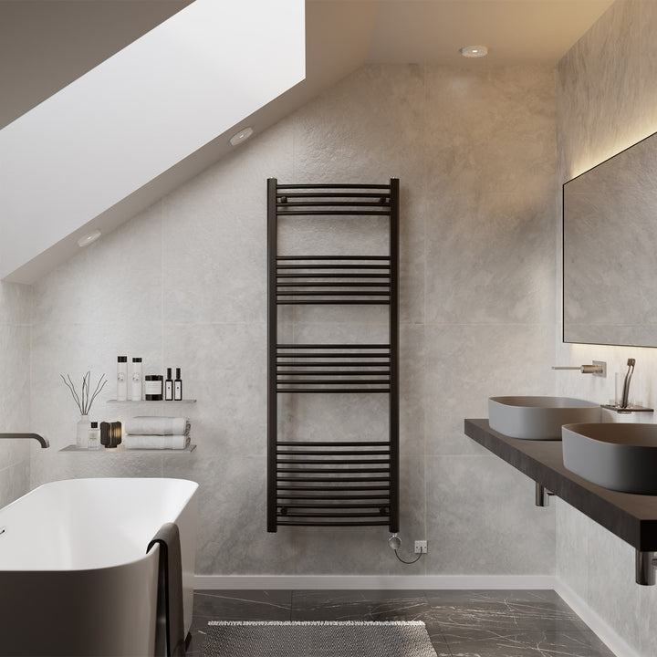 Zennor - Black Electric Towel Rail H1600mm x W600mm Curved 800w Thermostatic