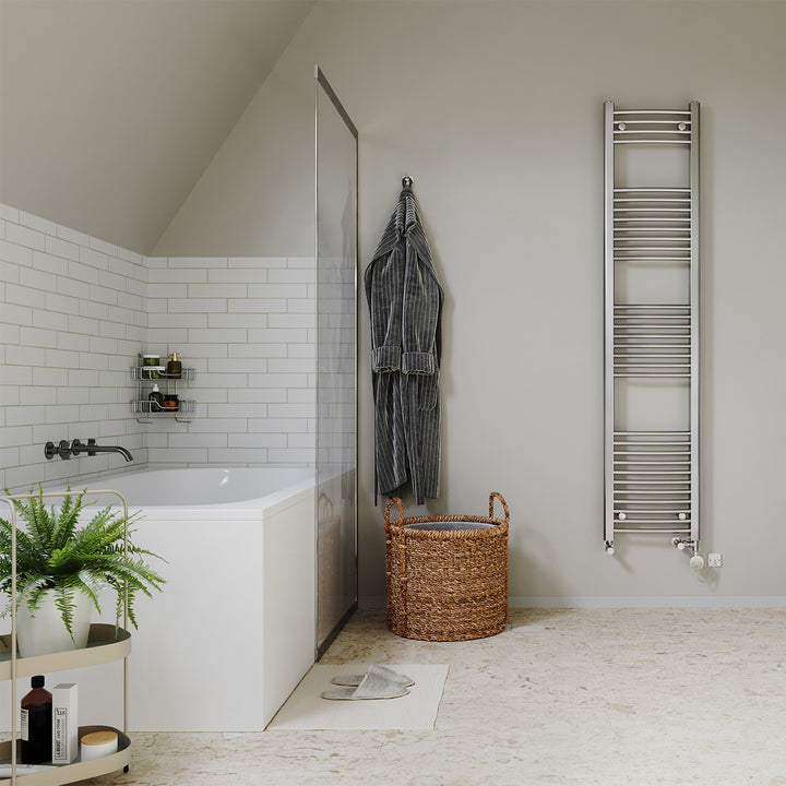 Zennor Chrome Dual Fuel Towel Rail 1800mm x 400mm – Thermostatic Curved Bathroom Radiator