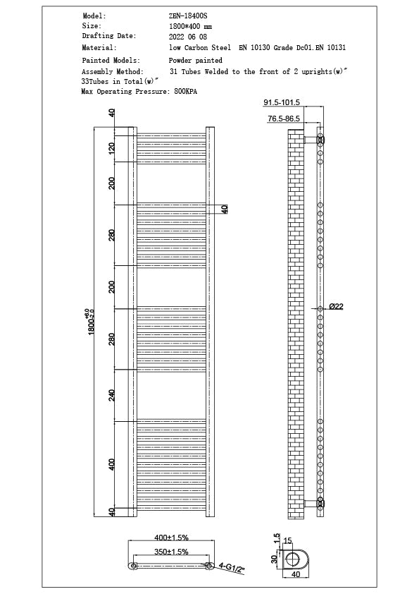 Zennor - Black Dual Fuel Towel Rail H1800mm x W400mm Standard