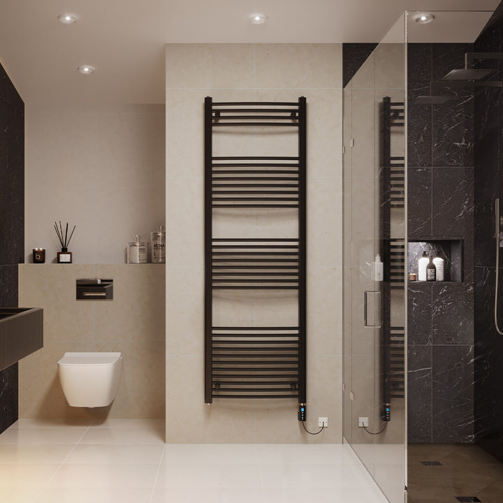 Zennor - Black Electric Towel Rail H1800mm x W600mm Curved 900w Thermostatic WIFI