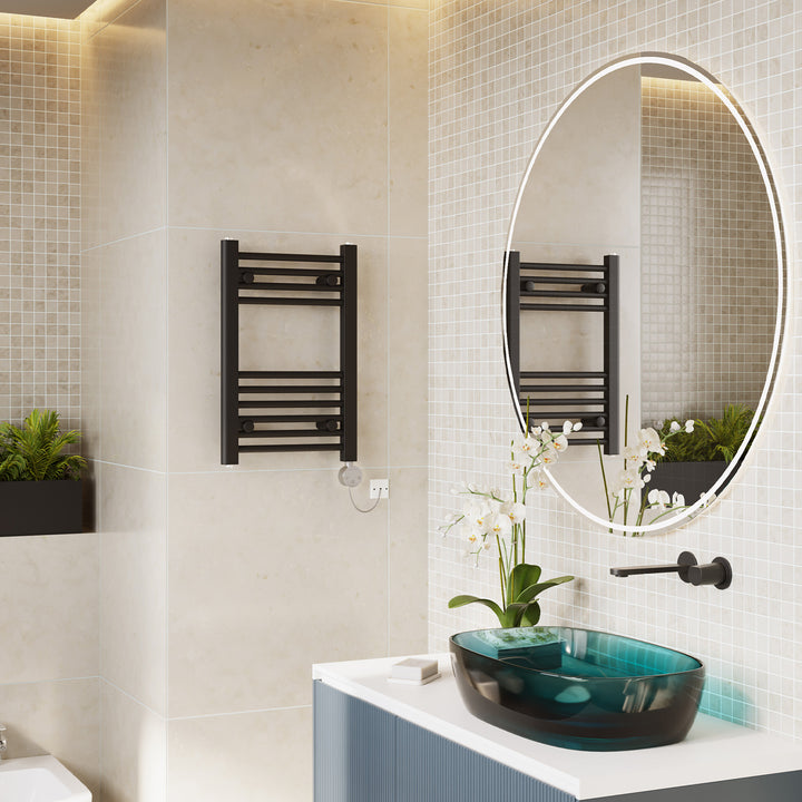 Zennor - Black Electric Towel Rail H600mm x W400mm Straight 200w Thermostatic