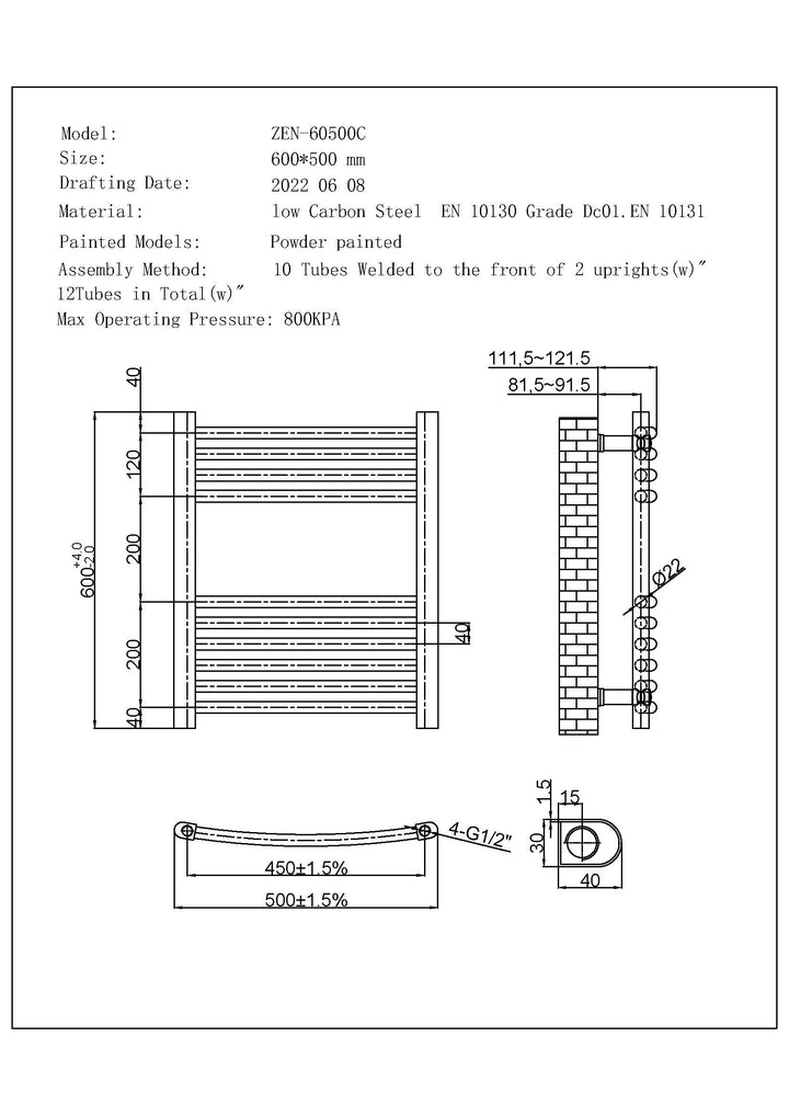Technical specification sheet for Zennor chrome dual fuel towel rail, 600mm x 500mm curved standard bathroom radiator, showing dimensions and key details