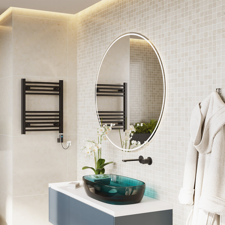 Zennor - Black Electric Towel Rail H600mm x W500mm Curved 200w Thermostatic WIFI