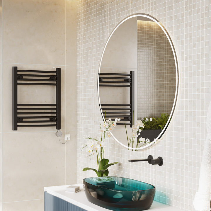 Zennor - Black Electric Towel Rail H600mm x W500mm Curved 200w Thermostatic