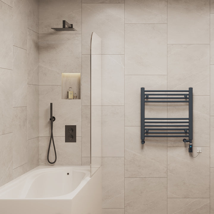 Zennor - Anthracite Dual Fuel Towel Rail H600mm x W600mm Thermostatic WIFI - Curved