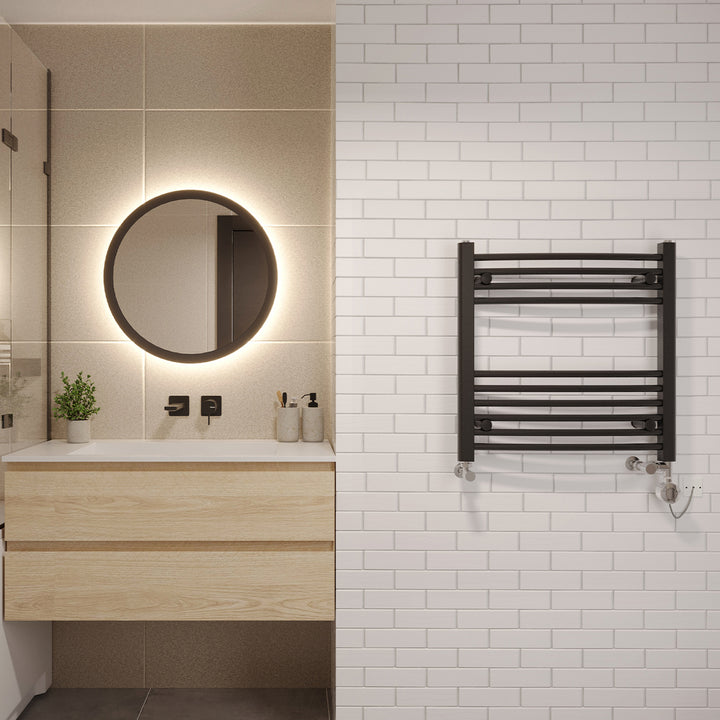 Zennor - Black Dual Fuel Towel Rail H600mm x W600mm Standard - Curved