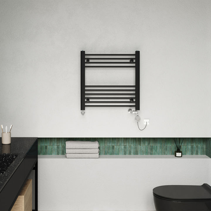 Zennor - Black Dual Fuel Towel Rail H600mm x W600mm Thermostatic - Straight