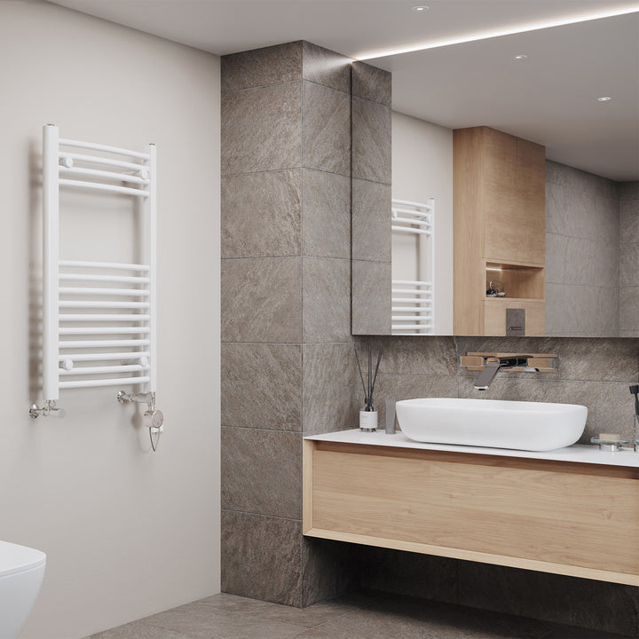 Zennor - White Dual Fuel Towel Rail H800mm x W500mm Thermostatic - Curved