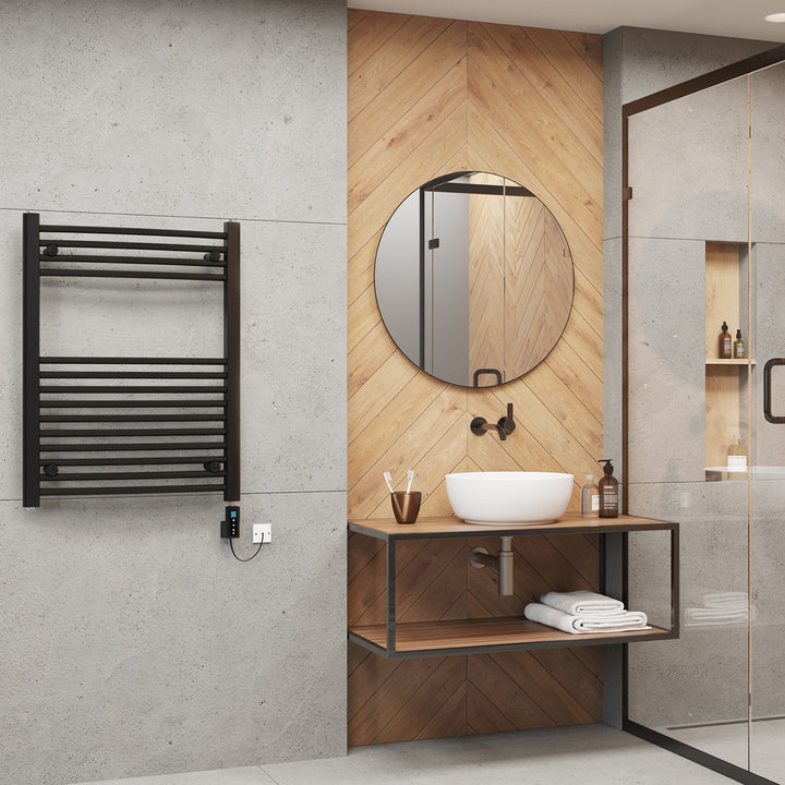 Zennor - Black Electric Towel Rail H800mm x W600mm Curved 400w Thermostatic WIFI