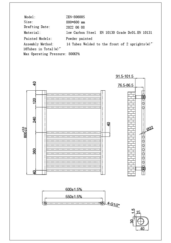 Technical specification sheet for Zennor black heated towel rail, 800mm x 600mm straight bathroom radiator, showing dimensions and key details