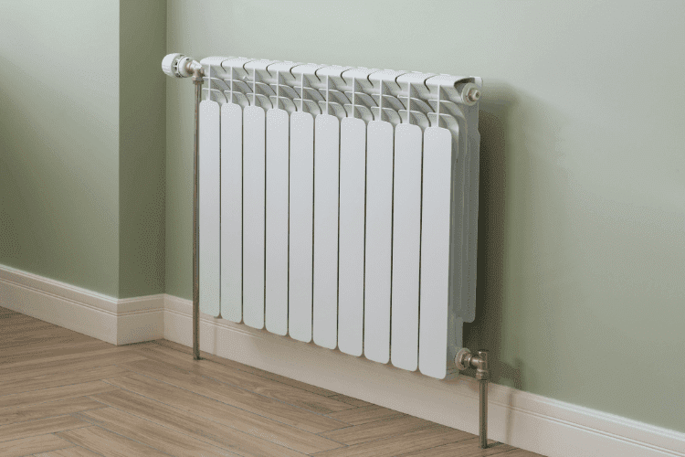 White wall-mounted radiator installed in a room with light green walls and wooden flooring.