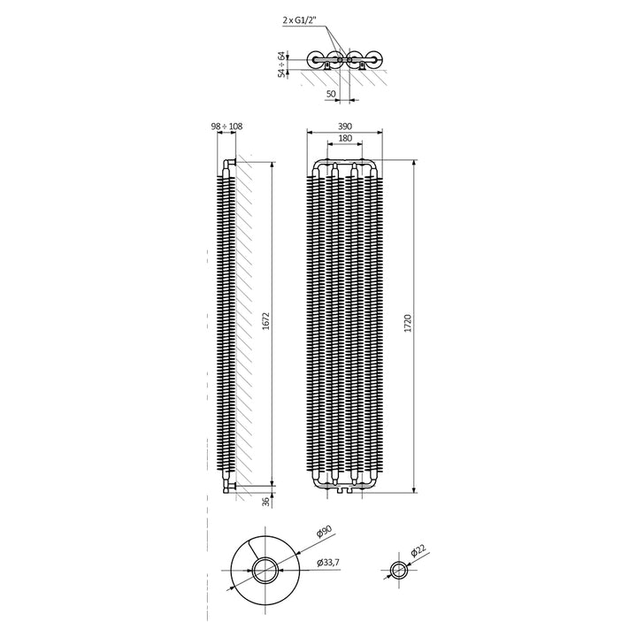 Ribbon V - Black Vertical Designer Radiator H1720mm x W390mm Single Panel