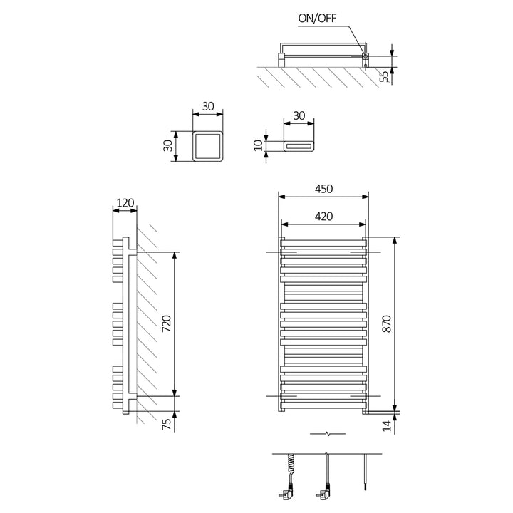 Quadrus - Black Electric Towel Rail H870mm x W450mm 600w Thermostatic