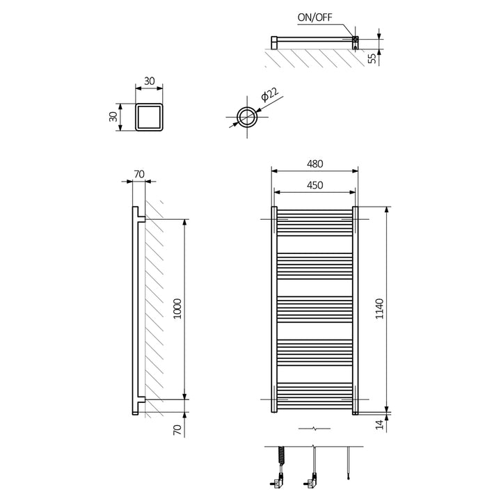 Fiona One - Sparkling Gravel Electric Towel Rail H1140mm x W480mm 400w Thermostatic