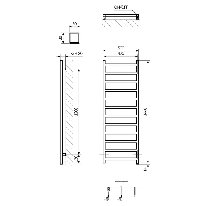 Simple One - Black Electric Towel Rail H1440mm x W500mm 600w Thermostatic