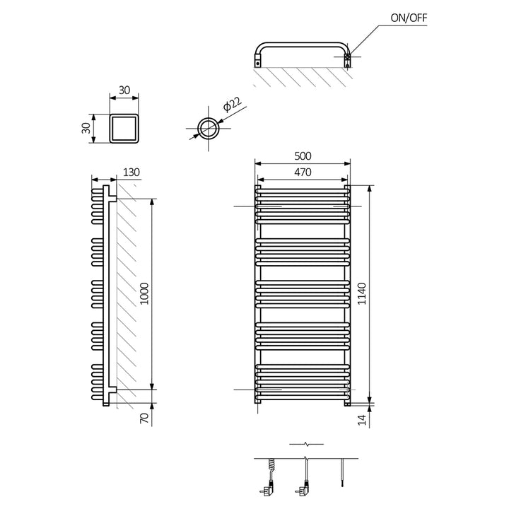 Alex One - White Electric Towel Rail H1140mm x W500mm 600w Thermostatic