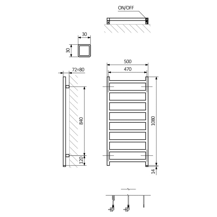 Simple One - Black Electric Towel Rail H1080mm x W500mm 400w Thermostatic