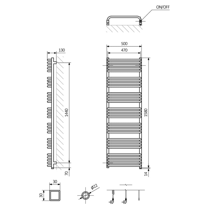 Alex One - White Electric Towel Rail H1580mm x W500mm 800w Thermostatic