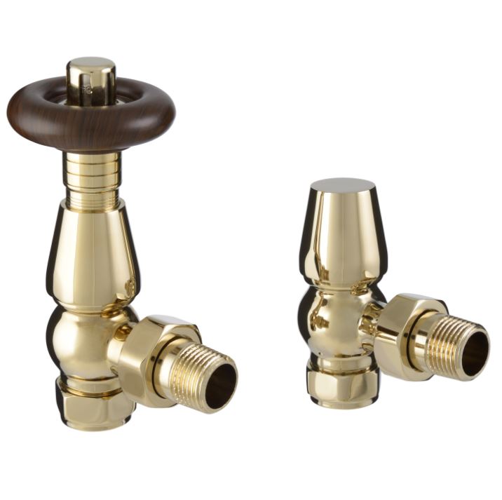 Cork Traditional - Polished Brass Thermostatic Radiator Valve & Lockshield Angled 15mm
