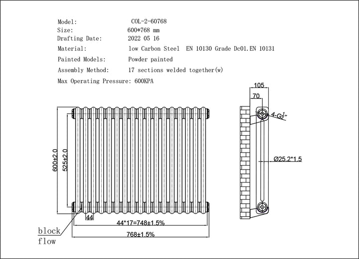Alpha - Antique Brass Column Electric Radiator H600mm x W768mm 2 Column 700w Thermostatic WIFI