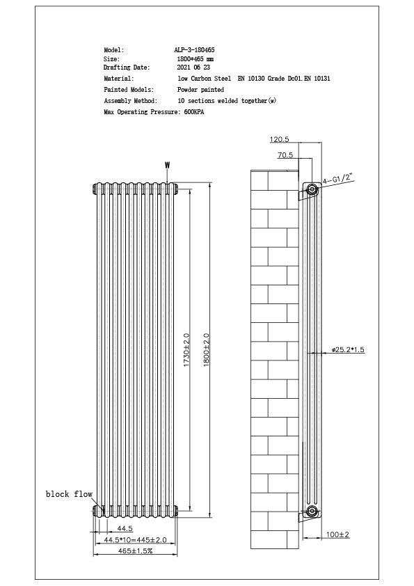 Alpha - Antique Brass Vertical Column Radiator H1800mm x W465mm 3 Column