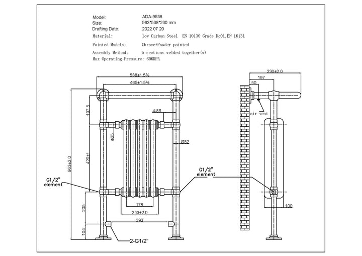 Arundel - Anthracite Traditional Towel Radiator - H963mm x W538mm - Floor Standing