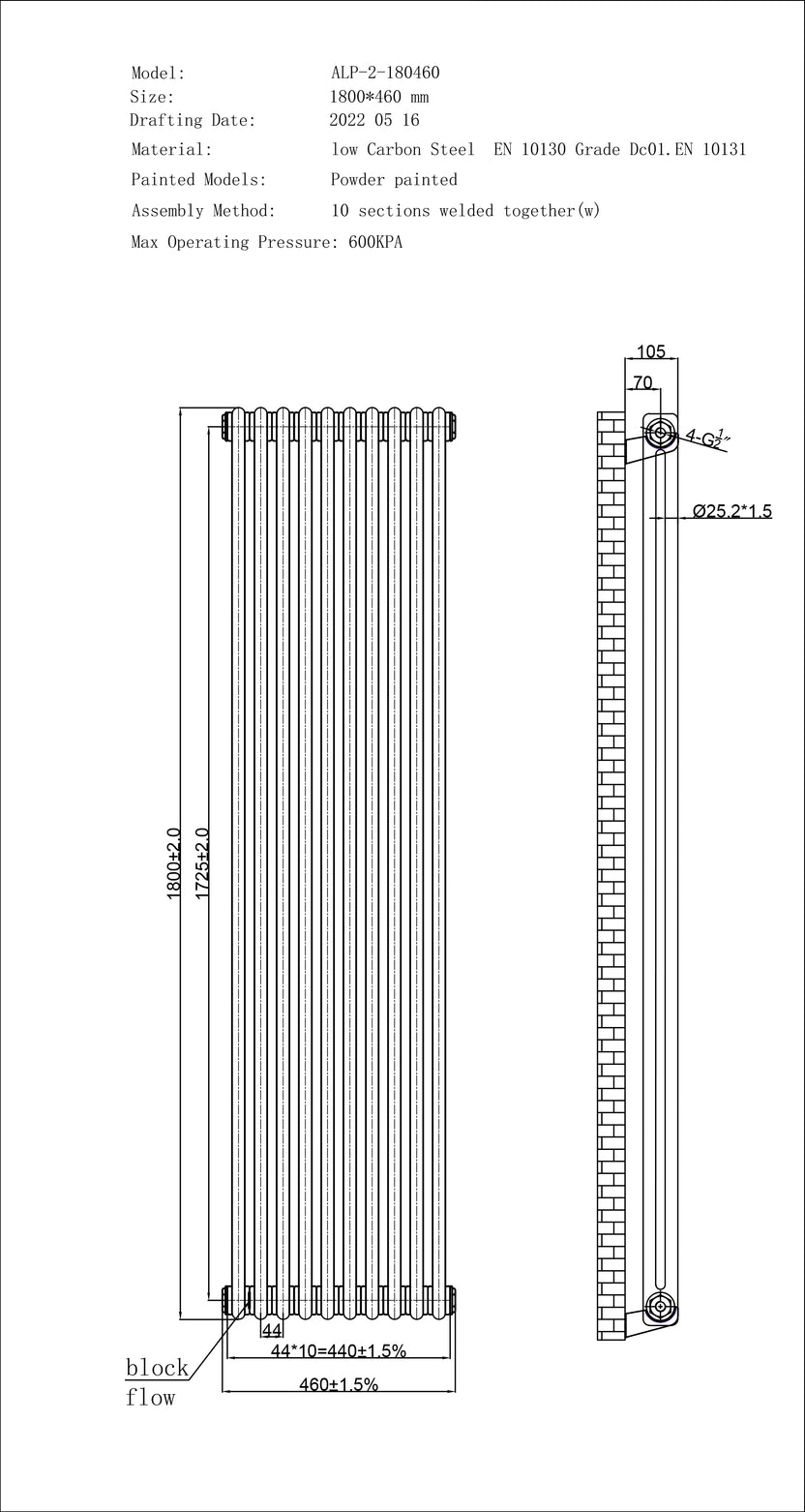 Raw Metal Vertical Column Radiator H1800mm x W460mm 2 Column - Alpha ...
