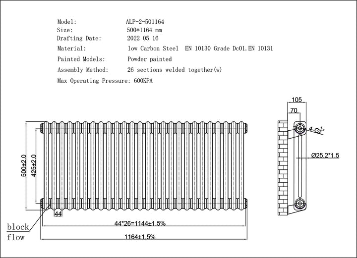 Alpha - White Column Radiator H500mm x W1164mm 2 Column - Feet Included - Feet Included