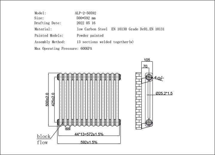 Alpha - Black Column Radiator H500mm x W592mm 2 Column