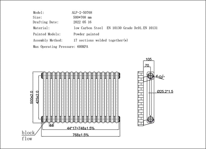 Alpha - Antique Brass Column Radiator H500mm x W768mm 2 Column