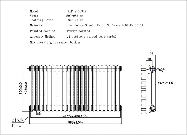 Alpha - White Column Radiator H500mm x W988mm 2 Column - Feet Included