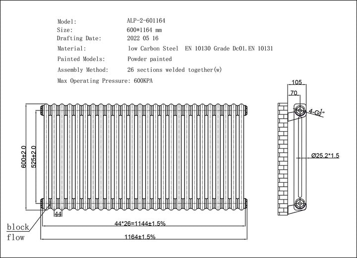 Alpha - Antique Brass Column Electric Radiator H600mm x W1164mm 2 Column 1200w Thermostatic WIFI