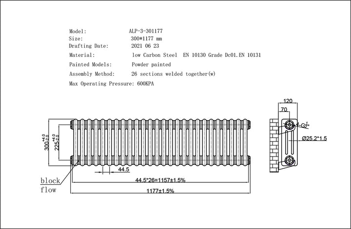 Alpha - Raw Metal Column Radiator H300mm x W1177mm 3 Column