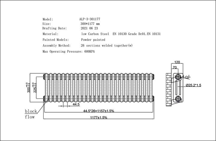Alpha - Antique Brass Column Radiator H300mm x W1177mm 3 Column