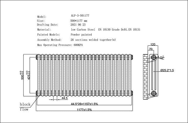 Alpha - White Column Radiator H500mm x W1177mm 3 Column