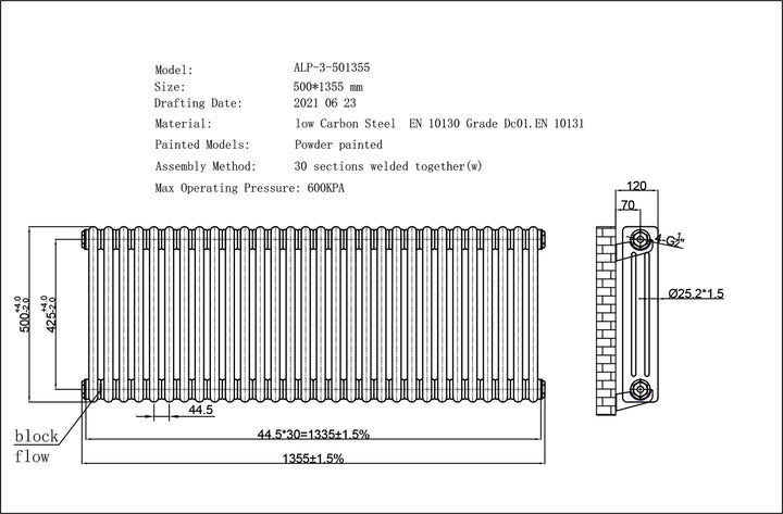 Alpha - Raw Metal Column Radiator H500mm x W1355mm 3 Column