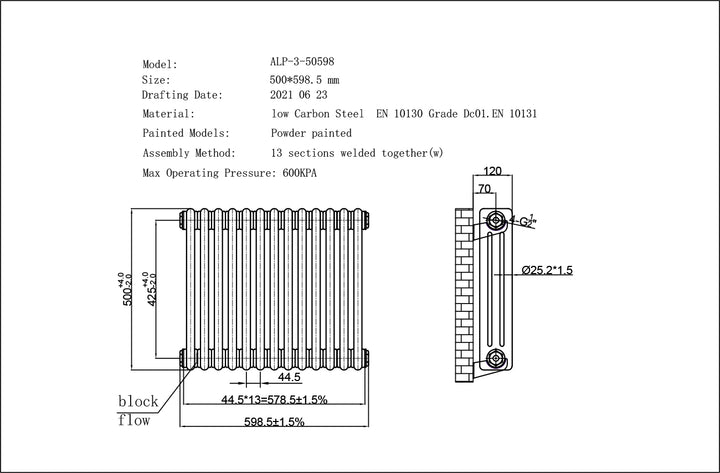 Alpha - Antique Brass Column Electric Radiator H500mm x W599mm 3 Column 600w Thermostatic WIFI