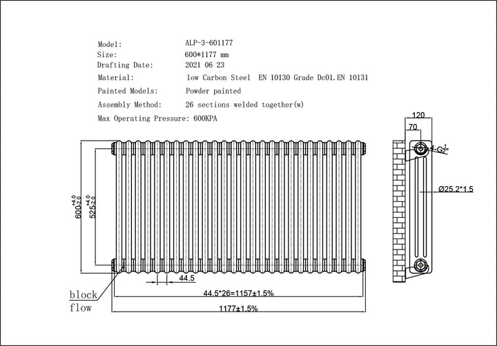 Alpha - Raw Metal Column Radiator H600mm x W1177mm 3 Column