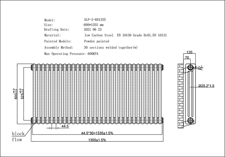 Alpha - Antique Brass Column Radiator H600mm x W1355mm 3 Column