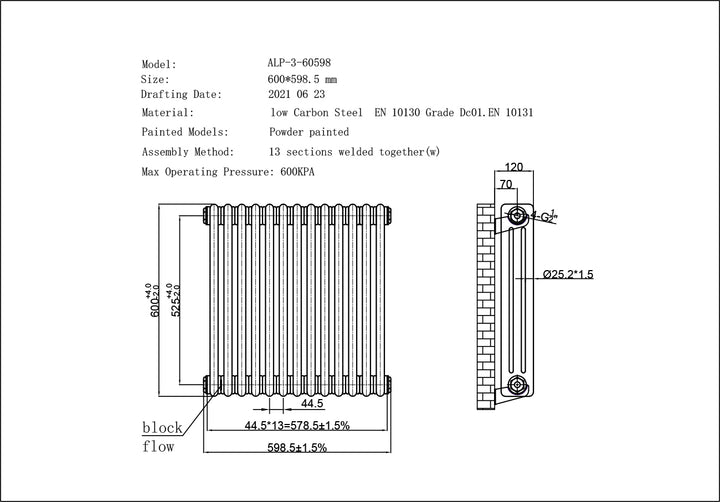 Alpha - Antique Brass Column Radiator H600mm x W599mm 3 Column