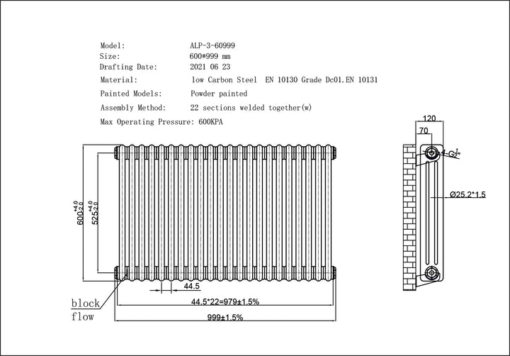 Alpha - Antique Brass Column Radiator H600mm x W999mm 3 Column