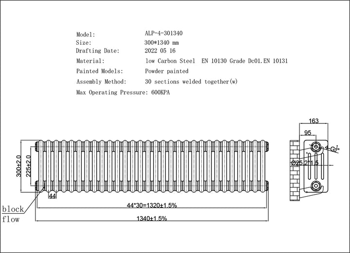 Alpha - White Column Radiator H300mm x W1340mm 4 Column