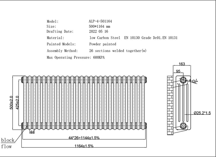 Alpha - Black Column Radiator H500mm x W1164mm 4 Column