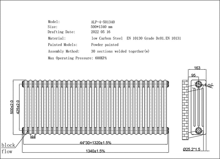 Alpha - Black Column Radiator H500mm x W1340mm 4 Column