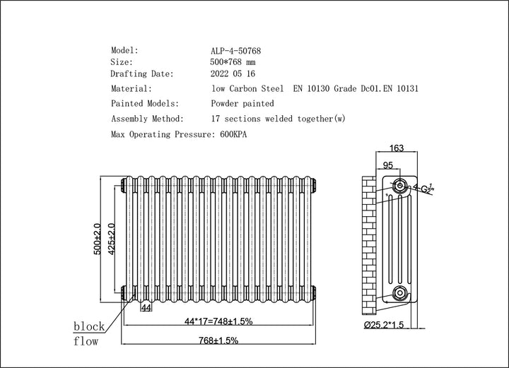 Alpha - White Column Radiator H500mm x W768mm 4 Column