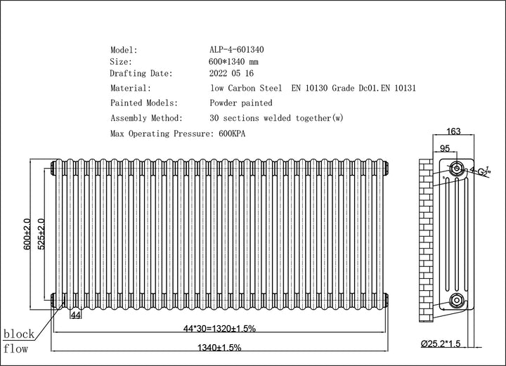 Alpha - White Column Radiator H600mm x W1340mm 4 Column